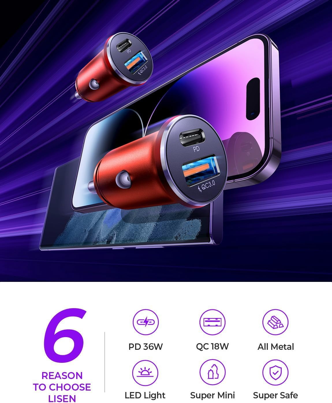 Car Charger USB C, 69W Cigarette Lighter USB Charger Adapter, Car Accessories Gifts for Men, Mini USBC Cars Fast Charging Adapter USBC Type C 12V Plug Outlet, for iPhone 17 Pro Max 16 15 14 13
