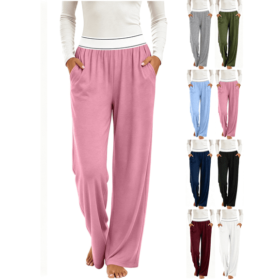 Liuinsasek Womens Casual Lounge Long Pants Fashion Solid Color Lightweight Pajama Pants Elastic Waist with Pockets Wide Leg Yoga Pants
