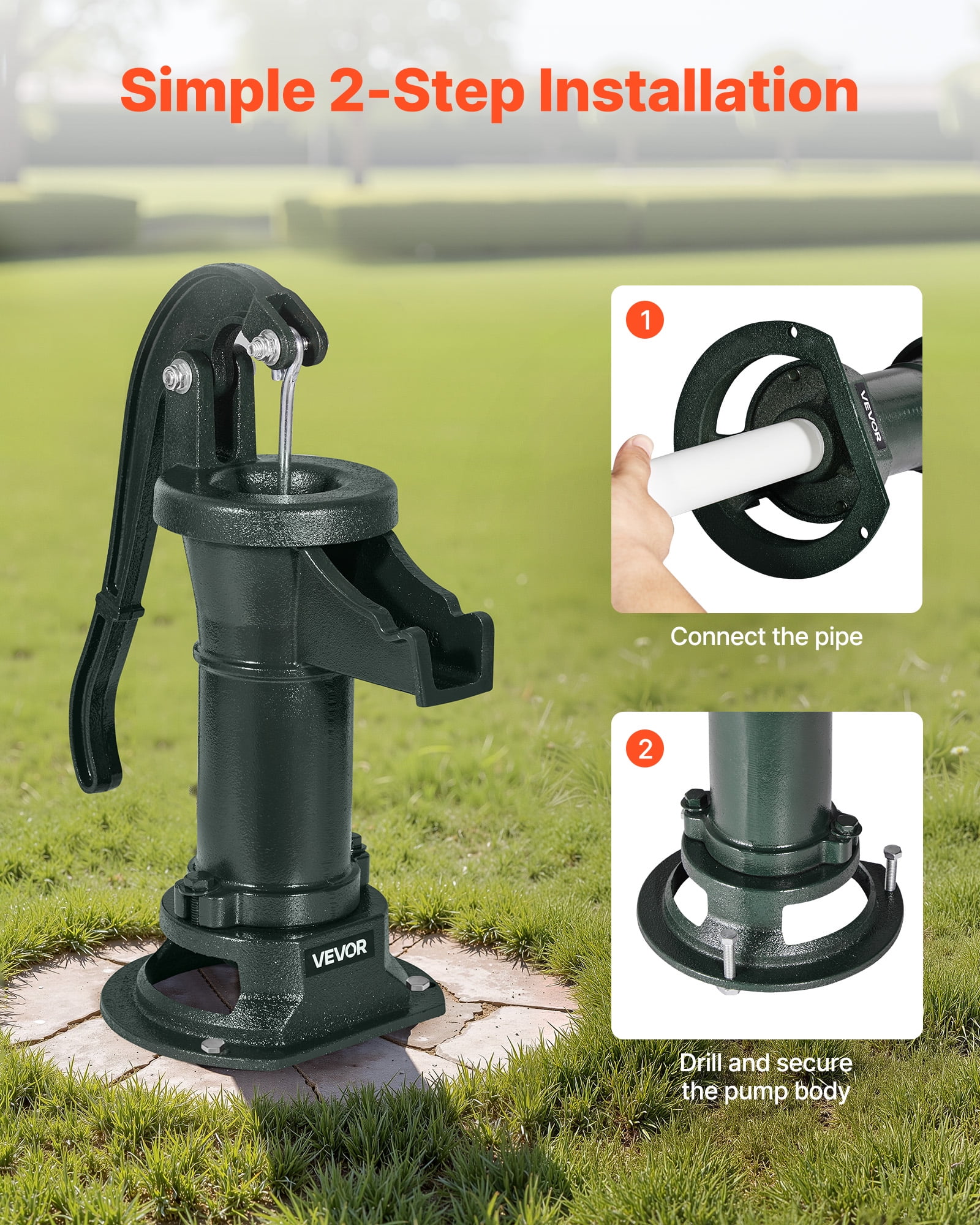 VEVOR Well Hand Pitcher Pump, 25 ft Maximum Lift, Antique Cast Iron Manual Hand Water Pump, NPT 1-1/4 in Connection, Easy Installation, Old Fashioned for Outdoor Garden, Pond, Backyard, Farm, Green