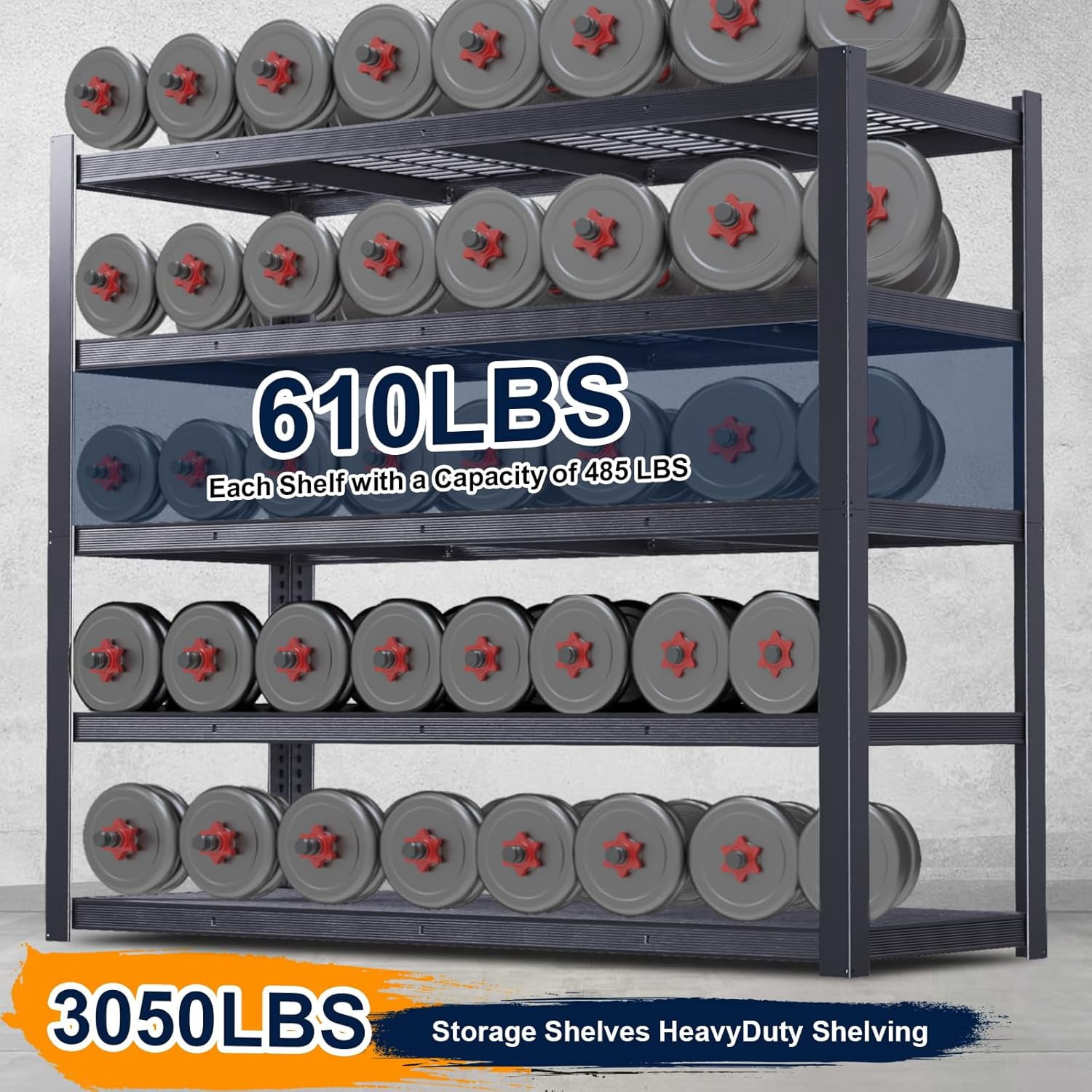 Heavy-Duty 5-Tier Adjustable Metal Shelving Unit, 72 Inch High, 3050 lbs Capacity (610 lbs/Shelf), Freestanding Black Garage Storage Rack, Easy Assembly for Basement, Pantry, Utility & Warehouse