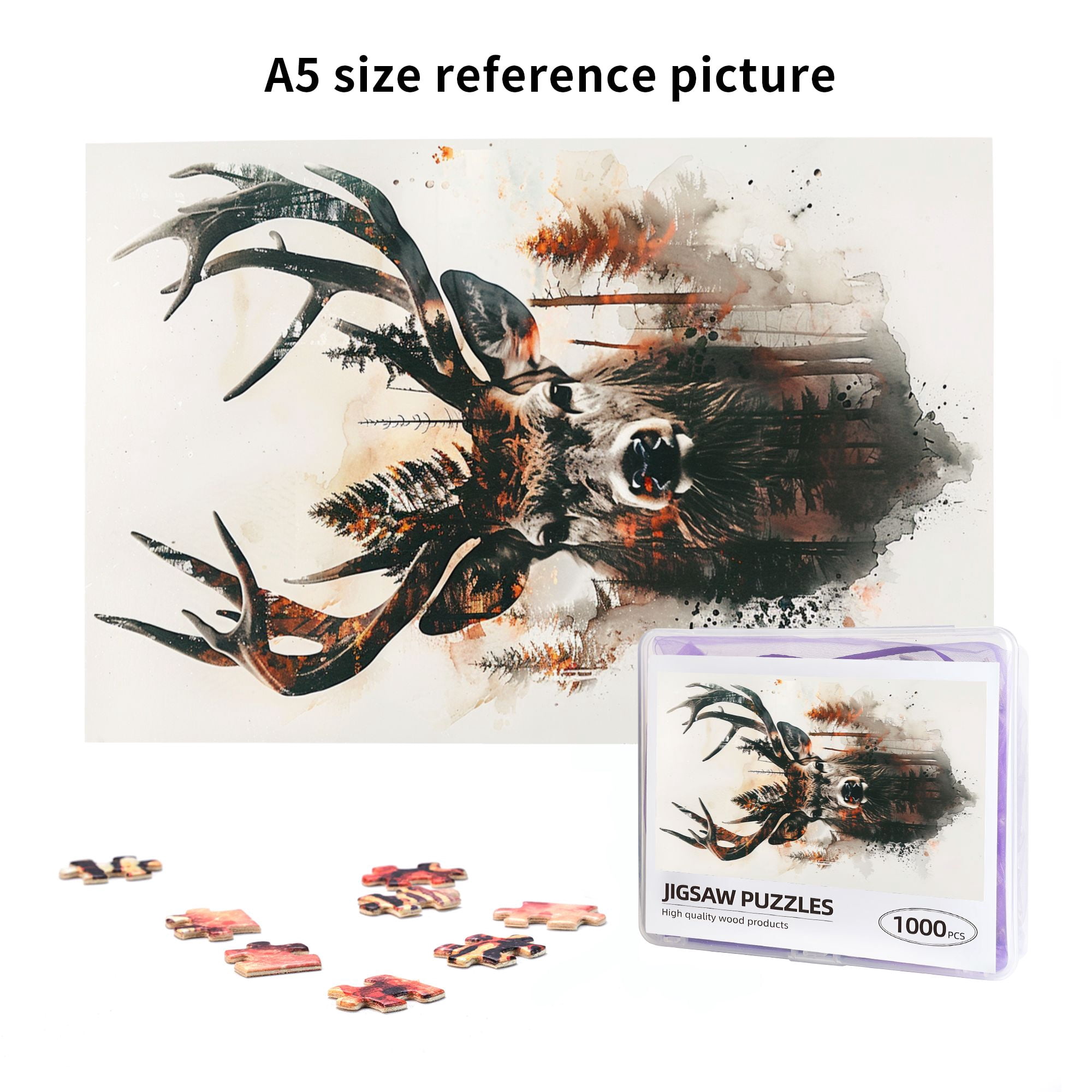 1000 pcs 1000 Piece Wooden Puzzles Double exposure Deer & Forests,Vibrant Design,Unique Animal Art Puzzle Game,Modern Style Deer & Forests Fun Puzzle 1000 Piece,Gift for Animal Lovers,Relax yourself