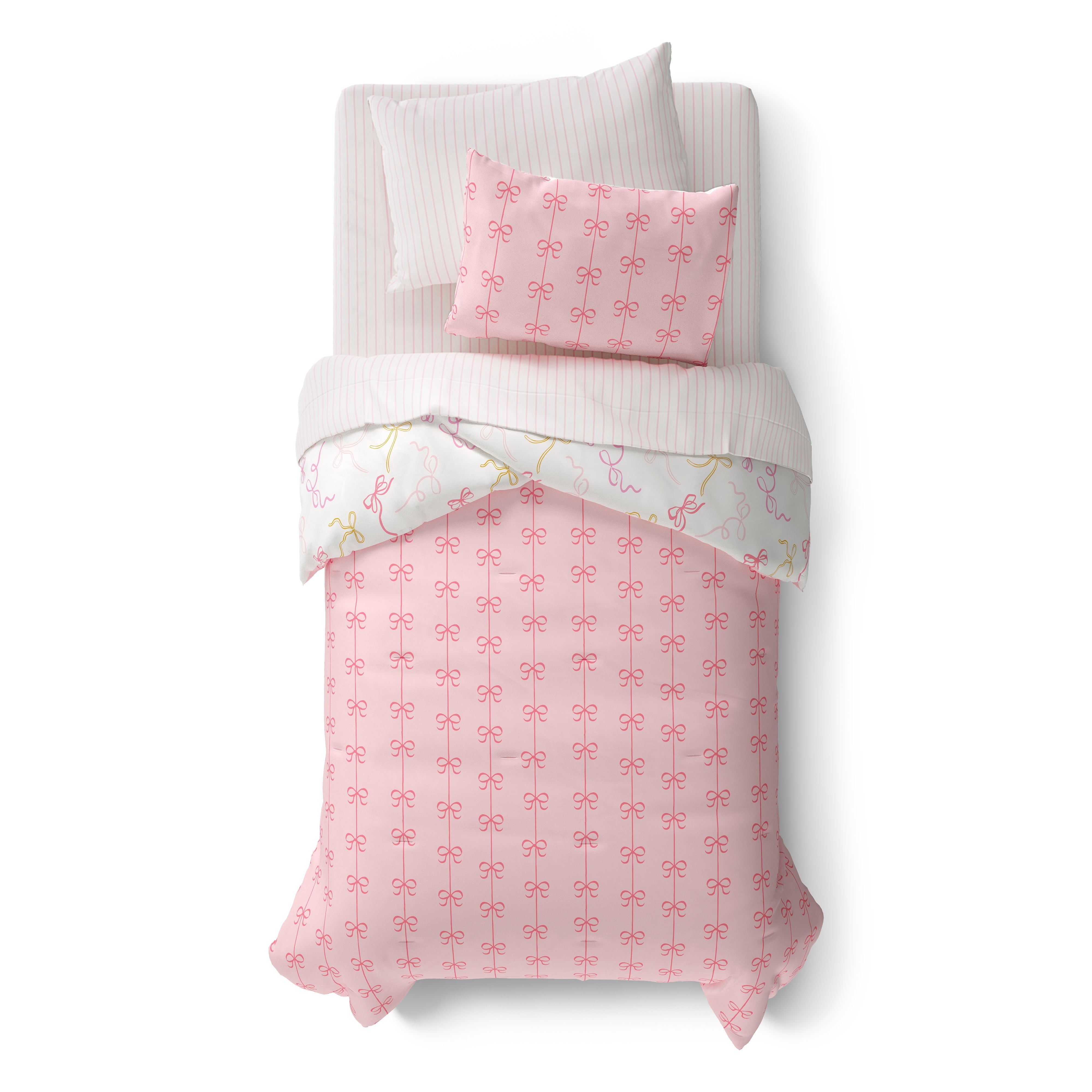 Mainstays Kids Bows Reversible Comforter Set with Sheets, Twin, 5 Pieces