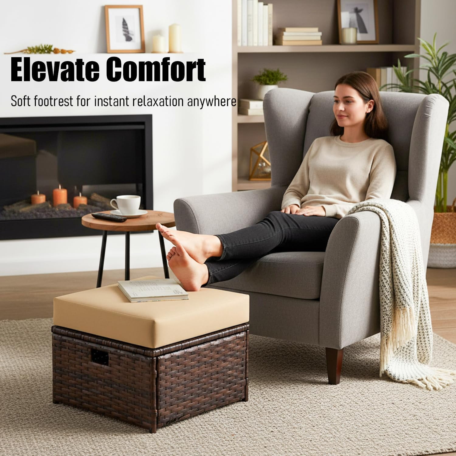 2 Pieces Outdoor Patio Ottoman, All Weather Rattan Wicker Ottoman Seat, Patio Rattan Furniture, Outdoor Footstool Footrest Seat /Removable Cushions(Brown&Brown)