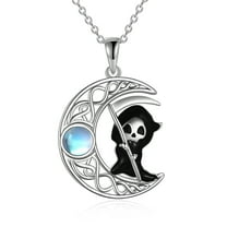 S925 Sterling Silver Moonstone Skull Necklace Halloween Jewelry for Women Sterling Silver Grim Reaper Moon Wiccan Necklace