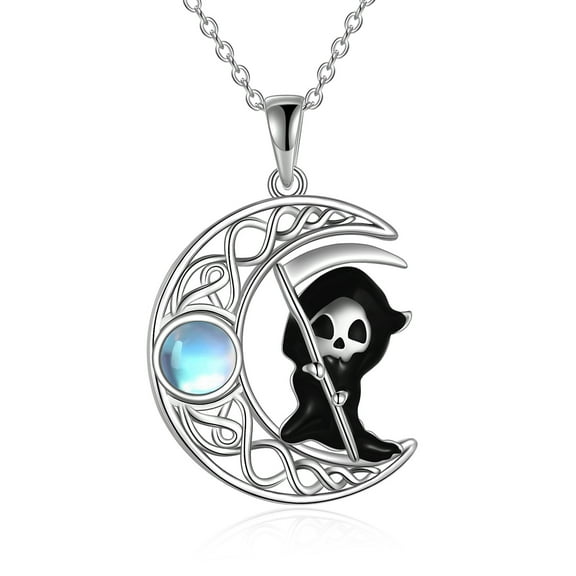 S925 Sterling Silver Moonstone Skull Necklace Halloween Jewelry for Women Sterling Silver Grim Reaper Moon Wiccan Necklace
