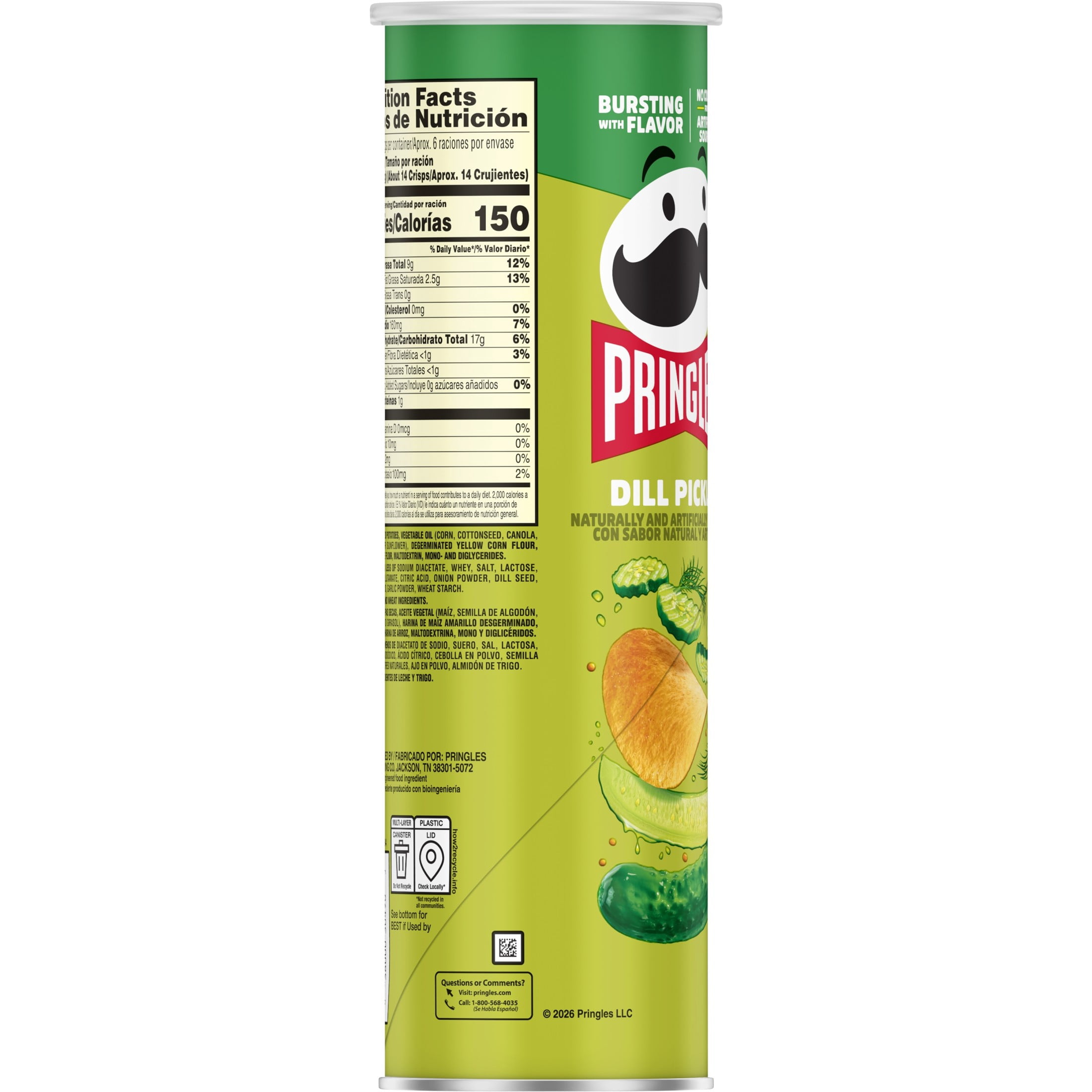 Pringles Dill Pickle Potato Crisps Chips, Lunch Snacks, 5.5 oz Canister