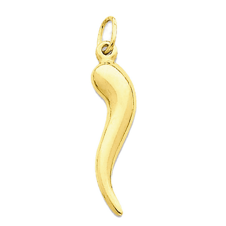Horseshoe Italian Charm - 14K Yellow Gold 3-D Italian Horn Charm Pendant - 25mm