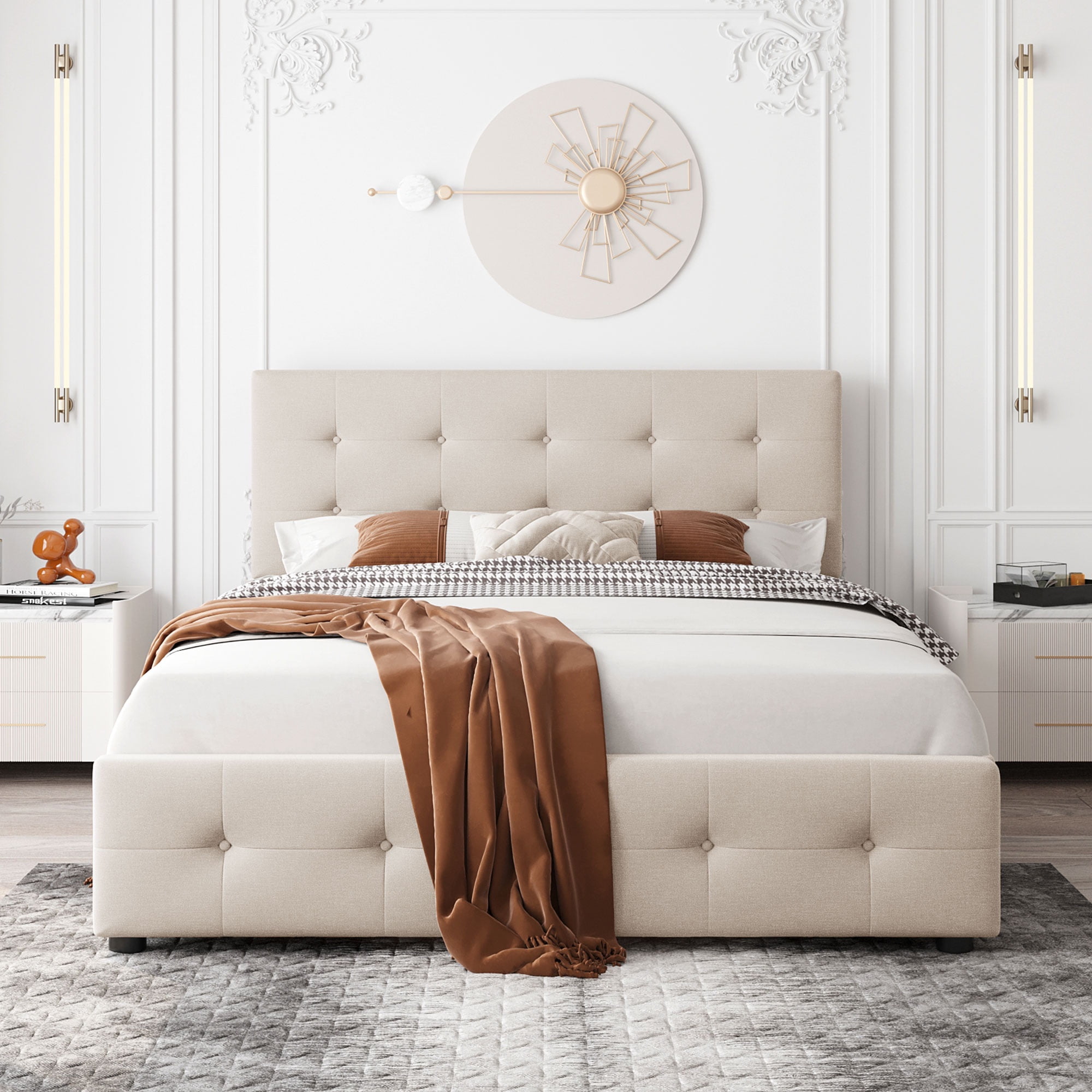 PAPROOS Queen Platform Bed Frame with Storage, Upholstered Platform Bed with Tufted Button Headboard and 4 Drawers, No Box Spring Needed, Queen Size Bed Frame for Adults, Beige