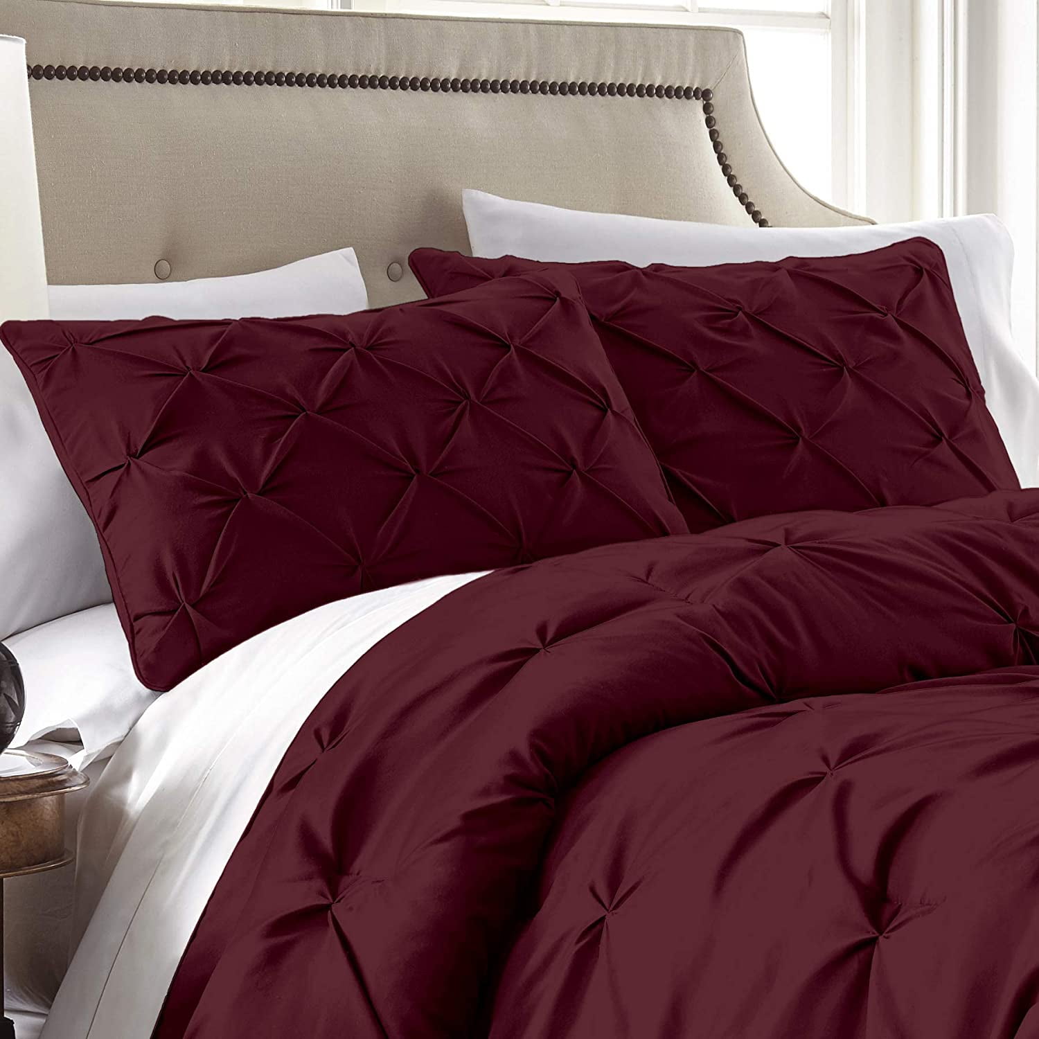Chezmoi Collection Sydney 7-Piece Pinch Pleat Comforter Set, Lightweight Pintuck Bedding for All Season, King, Burgundy