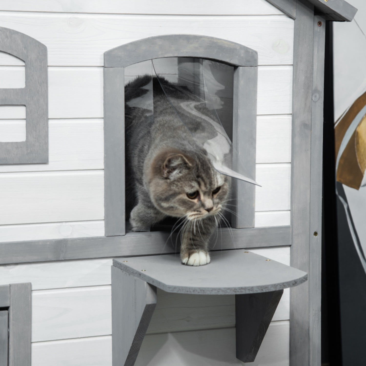 PawHut 2-story House Outdoor, Weatherproof Wooden Cat Enclosure for Feral Cats with Escape Door, Openable Roof, Jumping Platforms