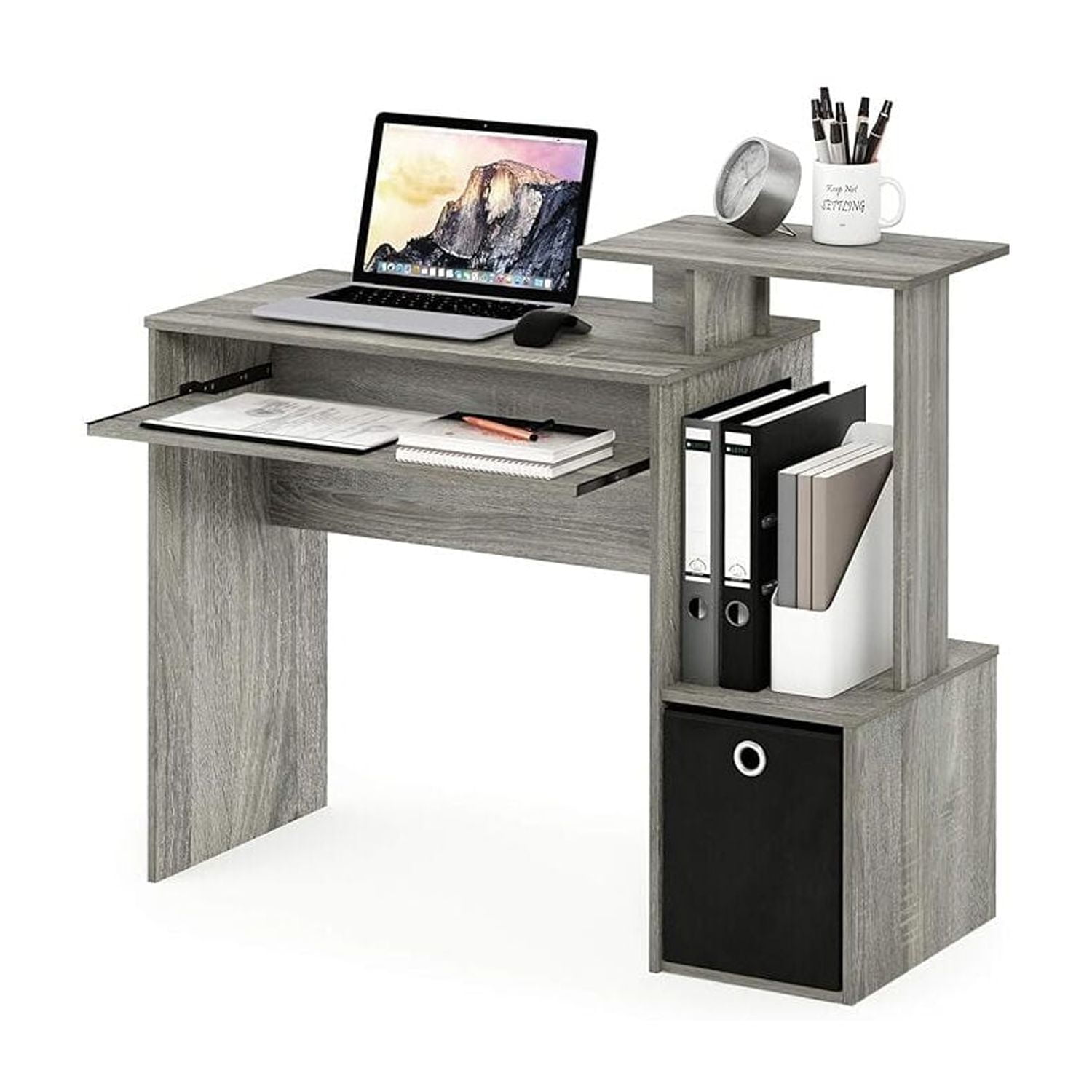 Furinno Econ Multipurpose Home Office Computer Writing Desk with Bin, French Oak Grey, Keyboard Trays, CPU Storage, Drawer