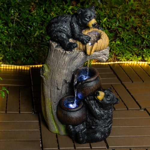 23.6" Bear Outdoor Water Fountain with LED Lights, Resin Cascading Garden Fountain for Patio Yard Balcony Décor, Brown Grey