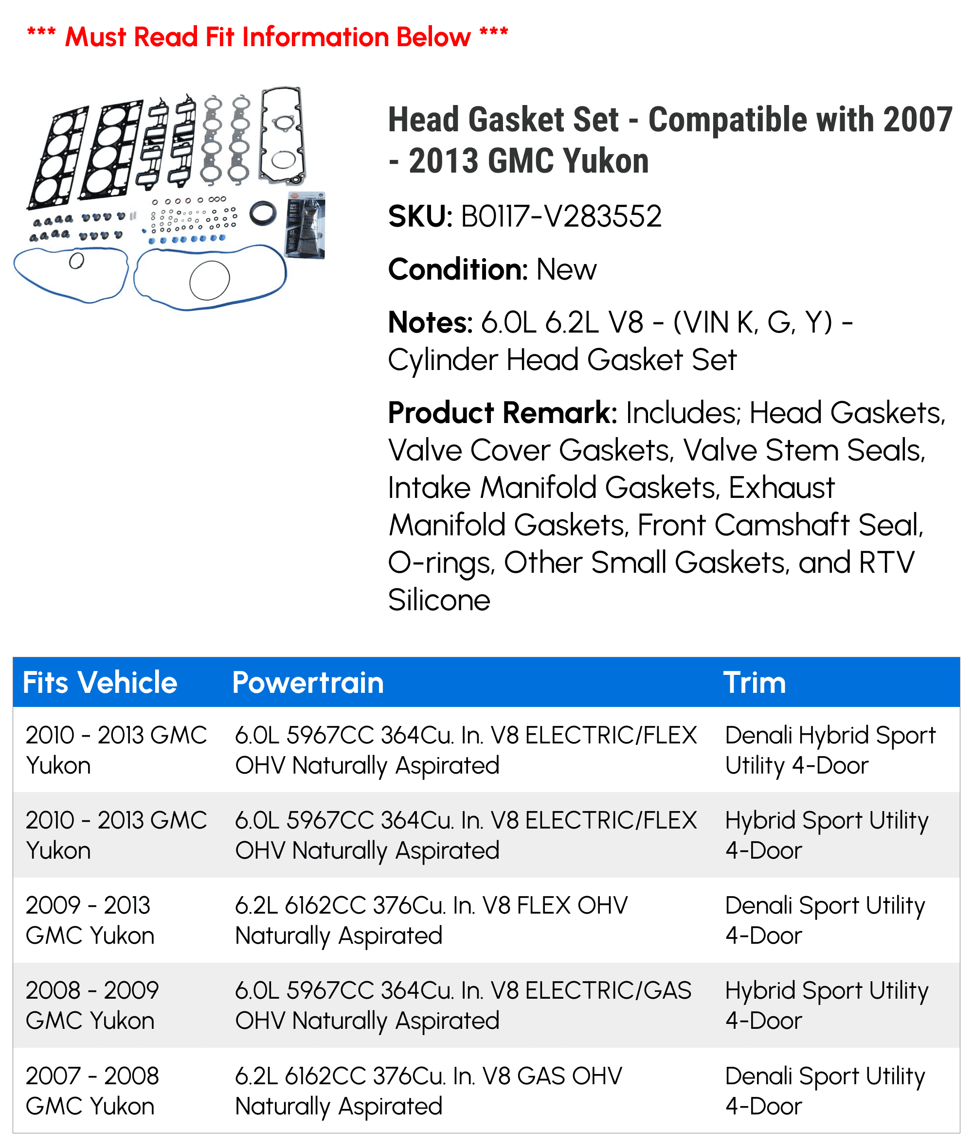 Head Gasket Set - Compatible with 2007 - 2013 GMC Yukon 2008 2009 2010 2011 2012