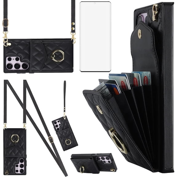 Phone Case for Samsung Galaxy S23 Ultra 5G Wallet Cover with Tempered Glass Screen Protector and Wrist Strap Ring RFID Blocking Card Holder Cell S23Ultra 23S S 23 23Ultra 6.8 inch Women Black