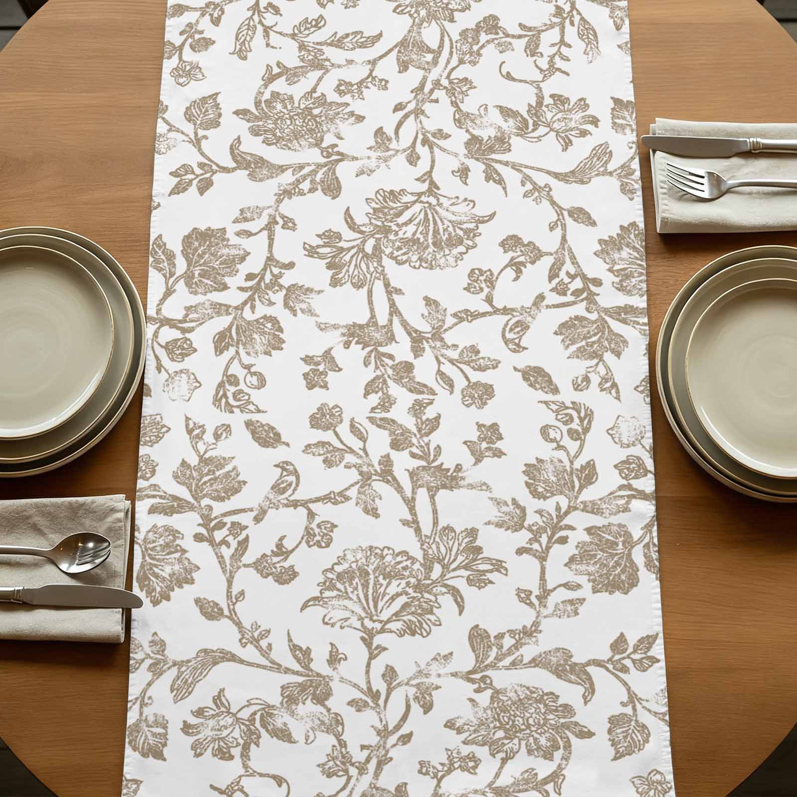 Khaki Flower 48 Inch Table Runner, Vintage Farmhouse Boho Leaf Spring Plant Farmhouse Dresser Scarf Cotton & Linen Tablerunner for Dining/Kitchen Island/Holiday Party Décor 13" x 48"