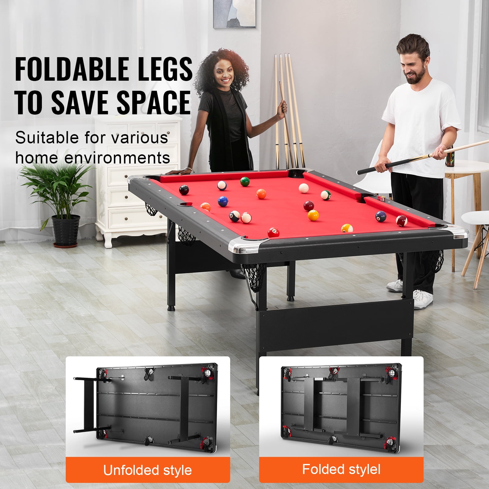 KFFKFF Pool Table, 7-foot, Compact Folding Design, Complete Billiard Set with Balls, Sticks, Chalks, and Brush, Black Frame with Red Felt, Ideal for Home Entertainment for All Ages