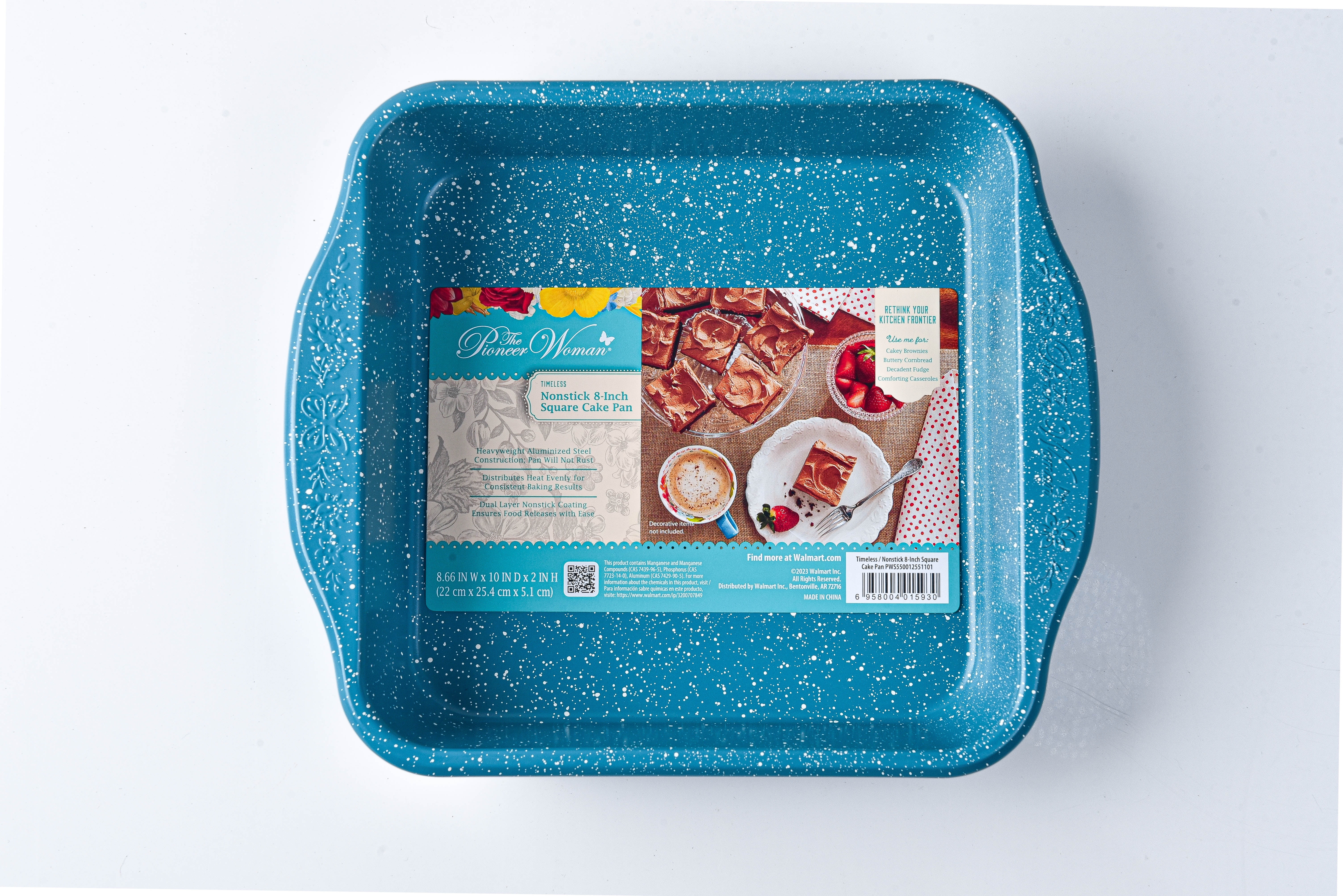 (3 pack) The Pioneer Woman Teal Speckle Timeless 8-inch Nonstick Aluminized Steel Square Cake Pan