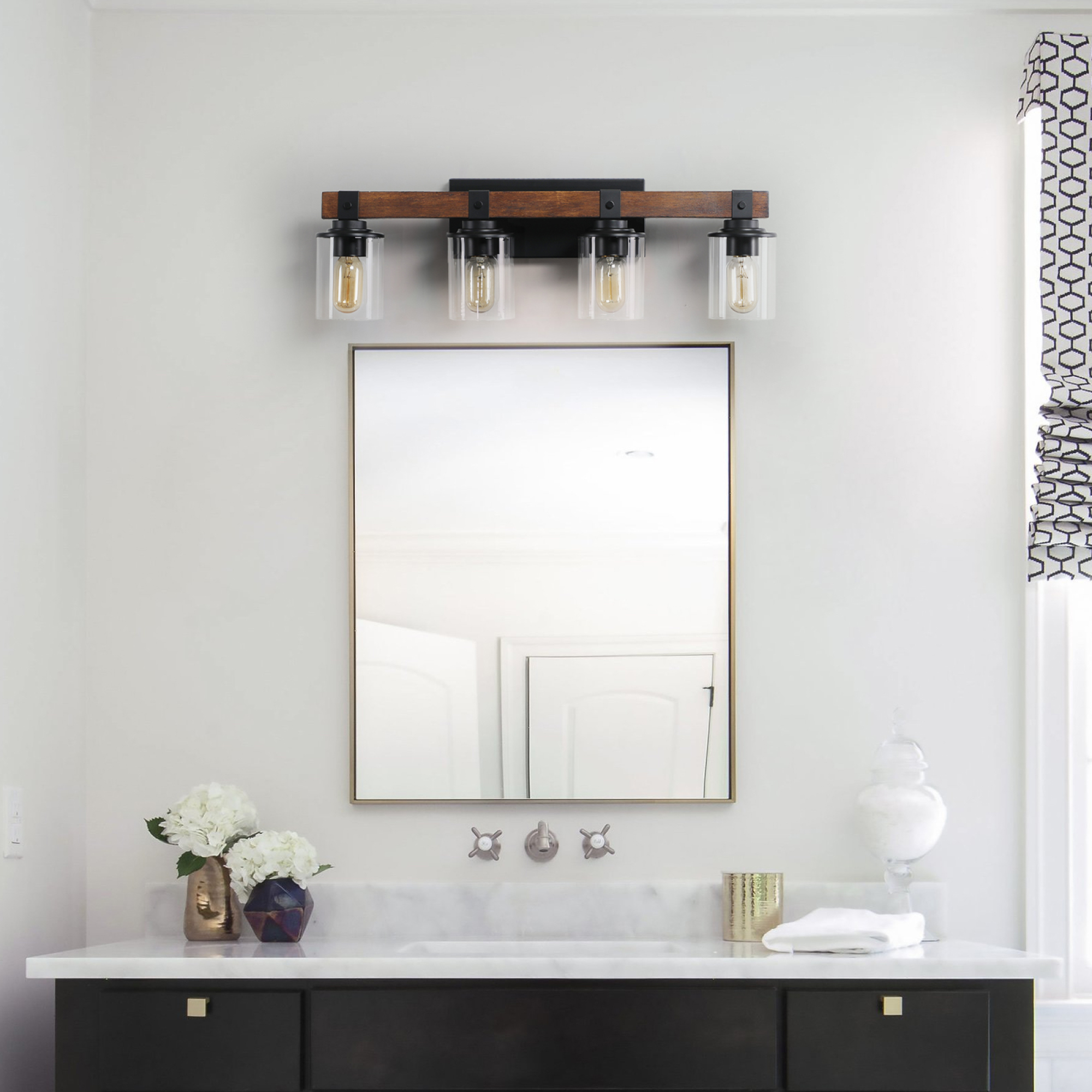 Leumius 4-Light Bathroom Vanity Light, Industrial Wall Sconce with Glass Shades and Wood Accent, Modern Farmhouse Lighting Fixture for Mirror, Bathroom, Bedroom and Hallway Walnut (No Bulbs)