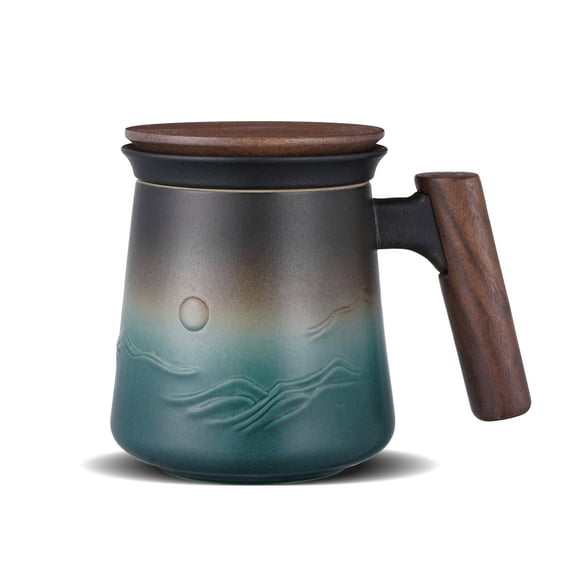 ZENS Embossed Ceramic Tea Mug with Infuser and Lid, 14.5 oz Wooden Handle, Loose Leaf Tea Steeper Cup & Strainer