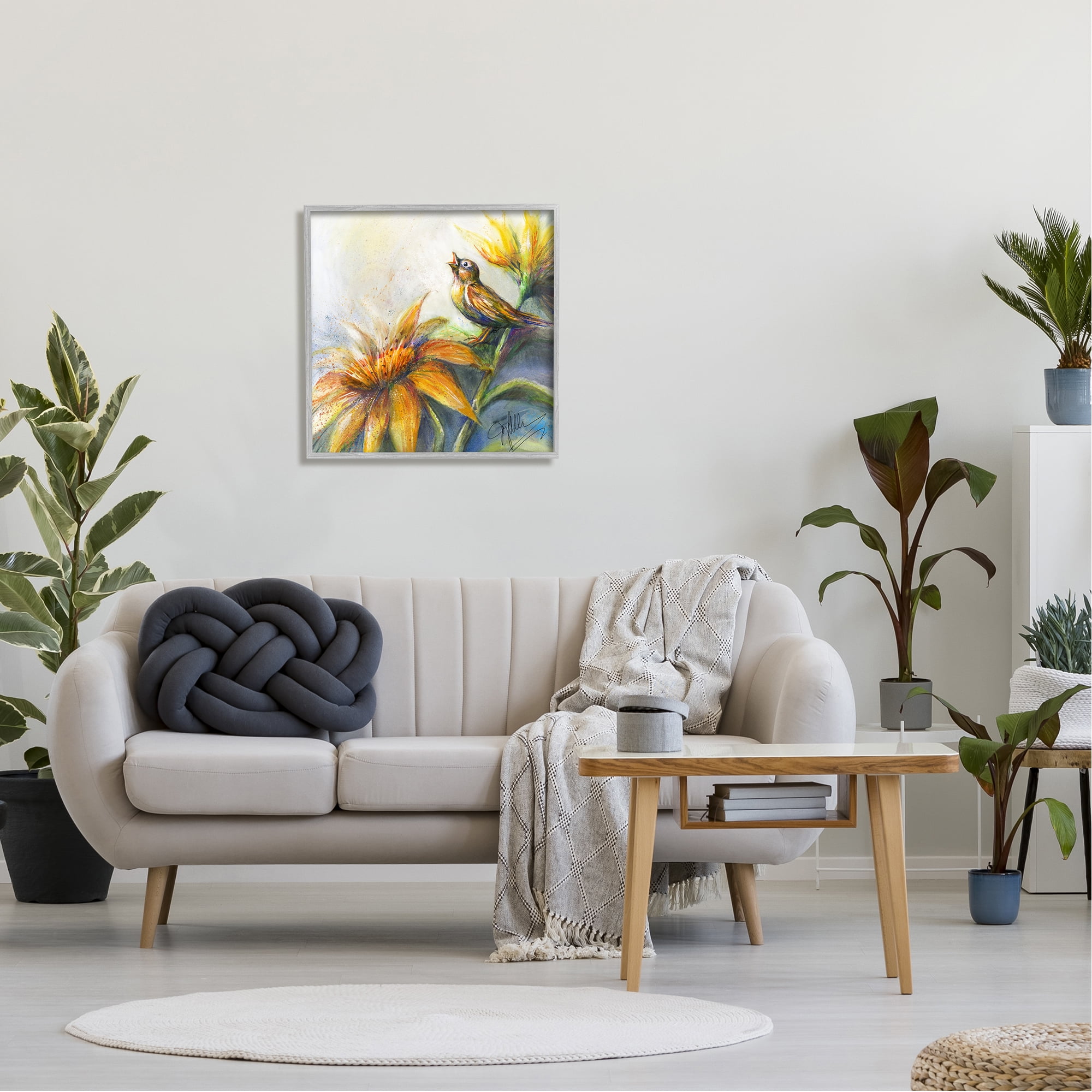 Stupell Industries Bird Singing Yellow Flowers Botanical & Floral Painting Gray Framed Art Print Wall Art, 24 x 24