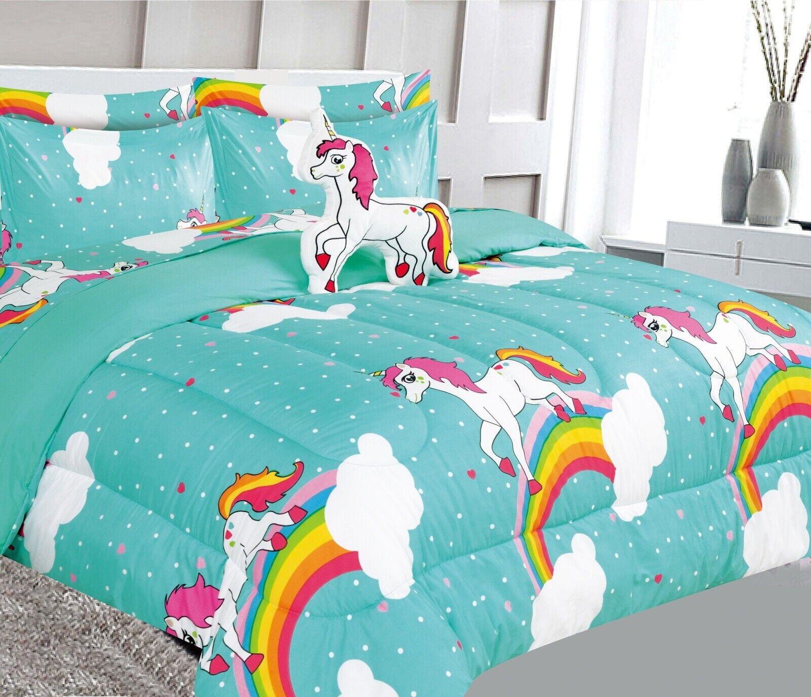 Complete bed in bag comforter full size 8pc unicorn mint bedding