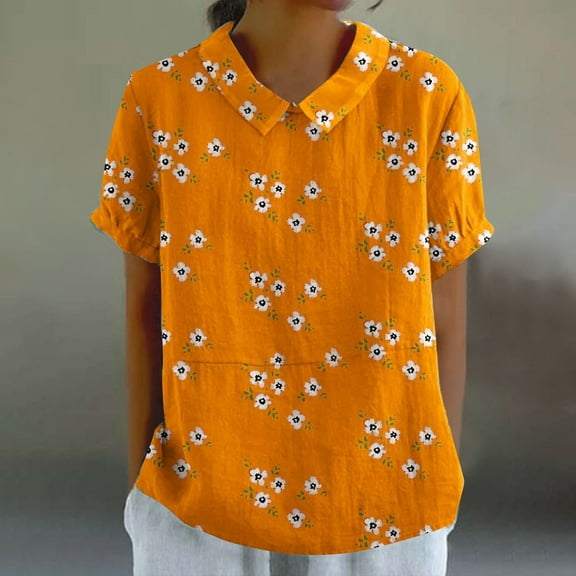 Orange Womens Tops Women's Linen Lapel Art Floral Round Neck Button Loose Pullover Top Casual Shirt T Shirts for Women