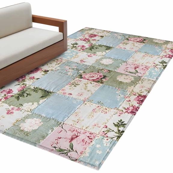 Green Blue Pink Botanical Large Area Rugs for Bedroom Living Room, Soft Non Slip Carpet Bedside Rug, Spring Floral Vintage Rectangular Floor Cover Kitchen Accent Rug 3'x5' for Dining Room/Office
