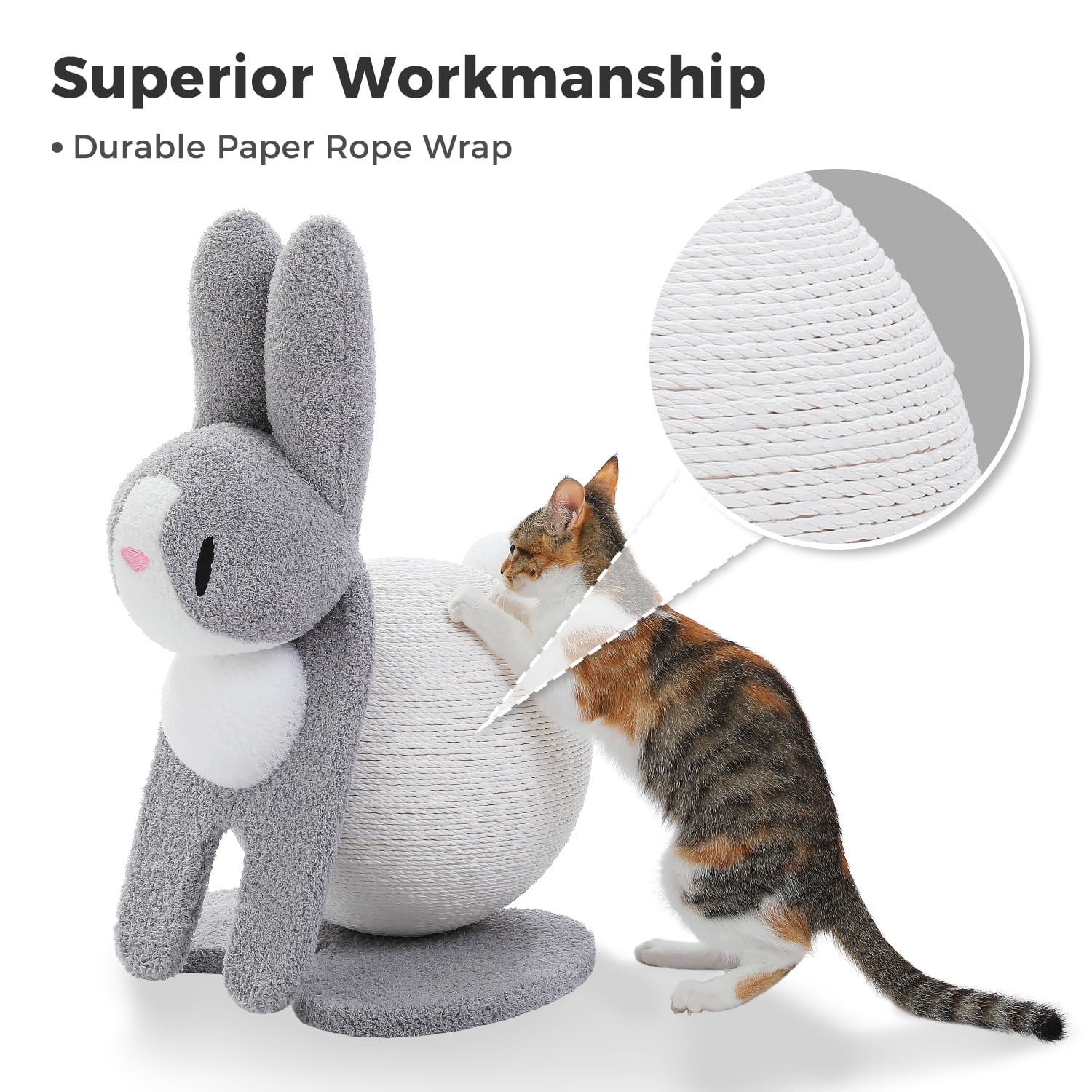 PEQULTI 23" Cute Cat Scratching Post Bunny Style Cat Scratcher with Paper Rope for Indoor Kitten Gray