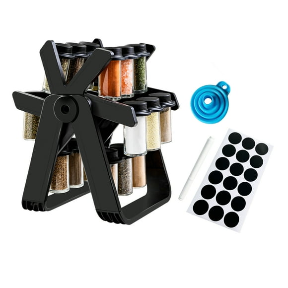 Estante de especias para tarros de 18 Uds., noria giratoria de 360 °, estante de especias, organizad Tomshoo Negro/con embudo de papel