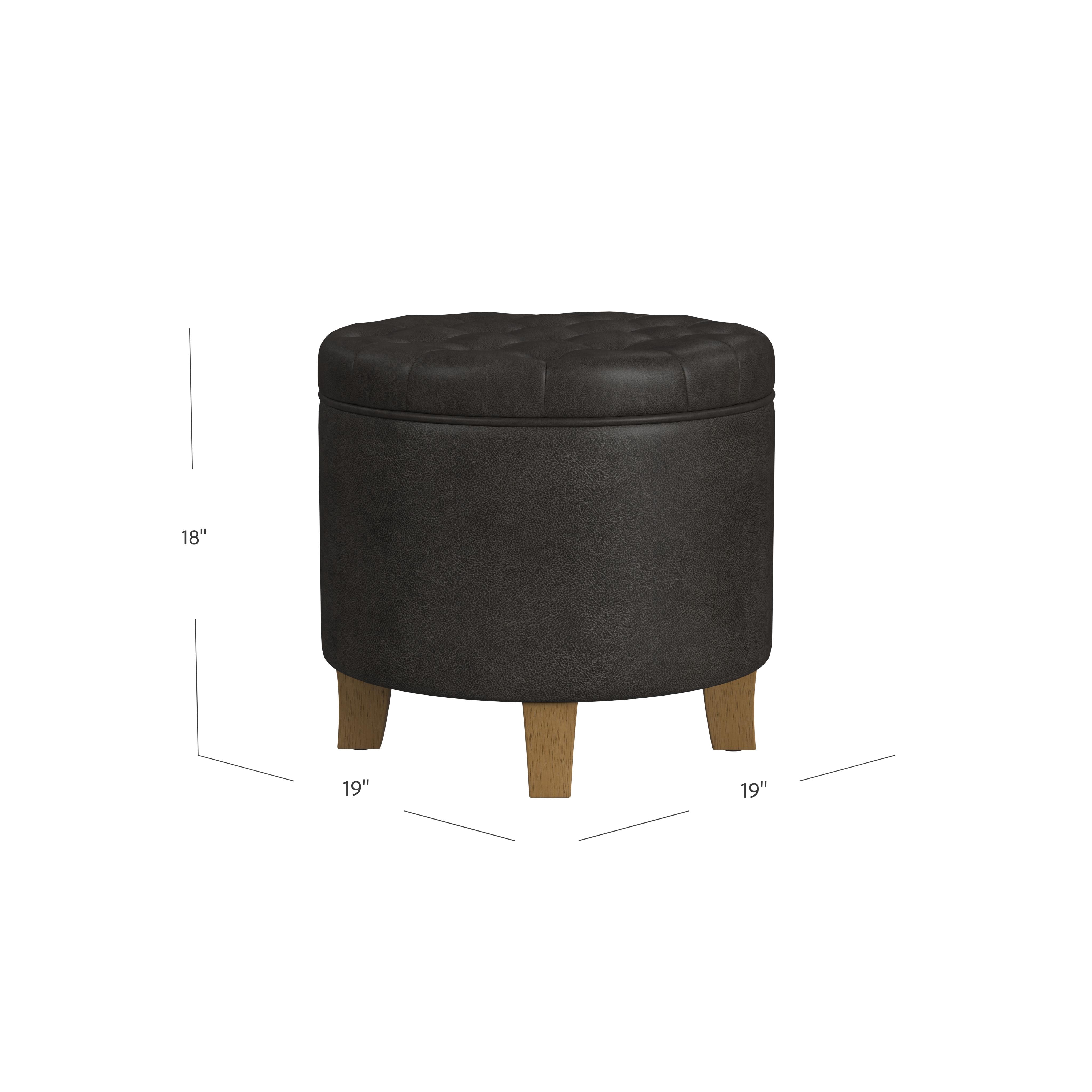 HomePop Small Round Button Tufted Storage Ottoman, Black Faux Leather