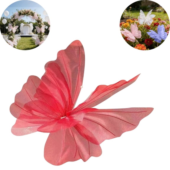 19.3 Inch Large 3D Mesh Butterfly Decoration, Artificial Flower Butterfly Ornament for Wedding Garden Outdoor Photography, Festive Party Home Wall Decor (Red)