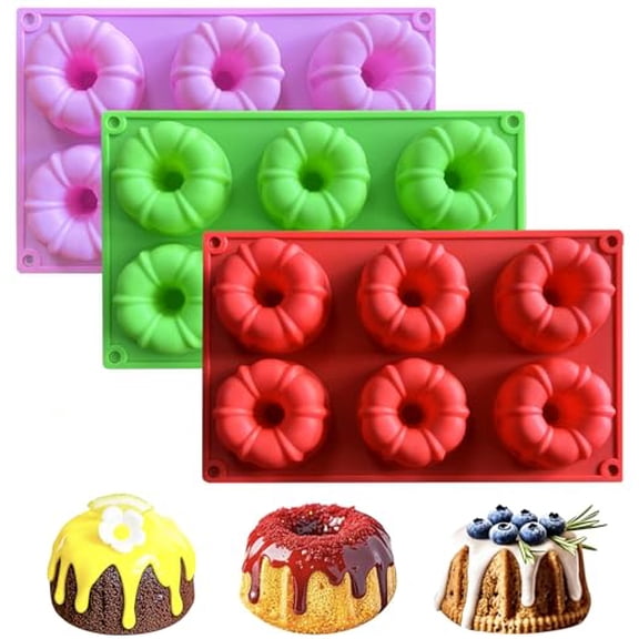 3 pcs mini Cake Pan,Silicone 6-Cavity Non-stick Baking Mold for Jello,Gelatin Cupcakes,Donuts,Silicone Fluted Tube Cake Pan for Cornbread,Brownies (3)