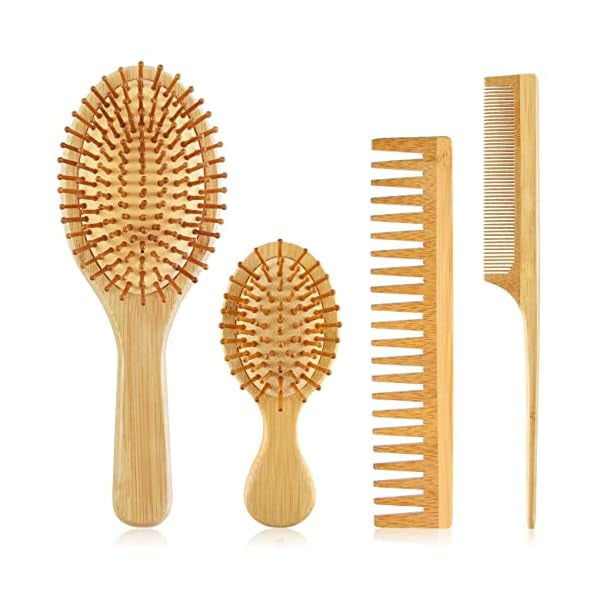 wonima44 4 PCS Bamboo Hair Brush Set With Natural Wooden Wide-tooth and Tail Comb Big and Mini Paddle Detangling Hairbrush for Women men kids and Baby Thick Thin Curly Straight Dry
