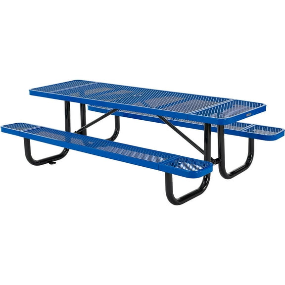 Global Industrial GBE277153BL Expanded Steel Picnic Table, Rectangular, 96 x 62 x 29.5 in., Blue Top, Blue Base & Legs