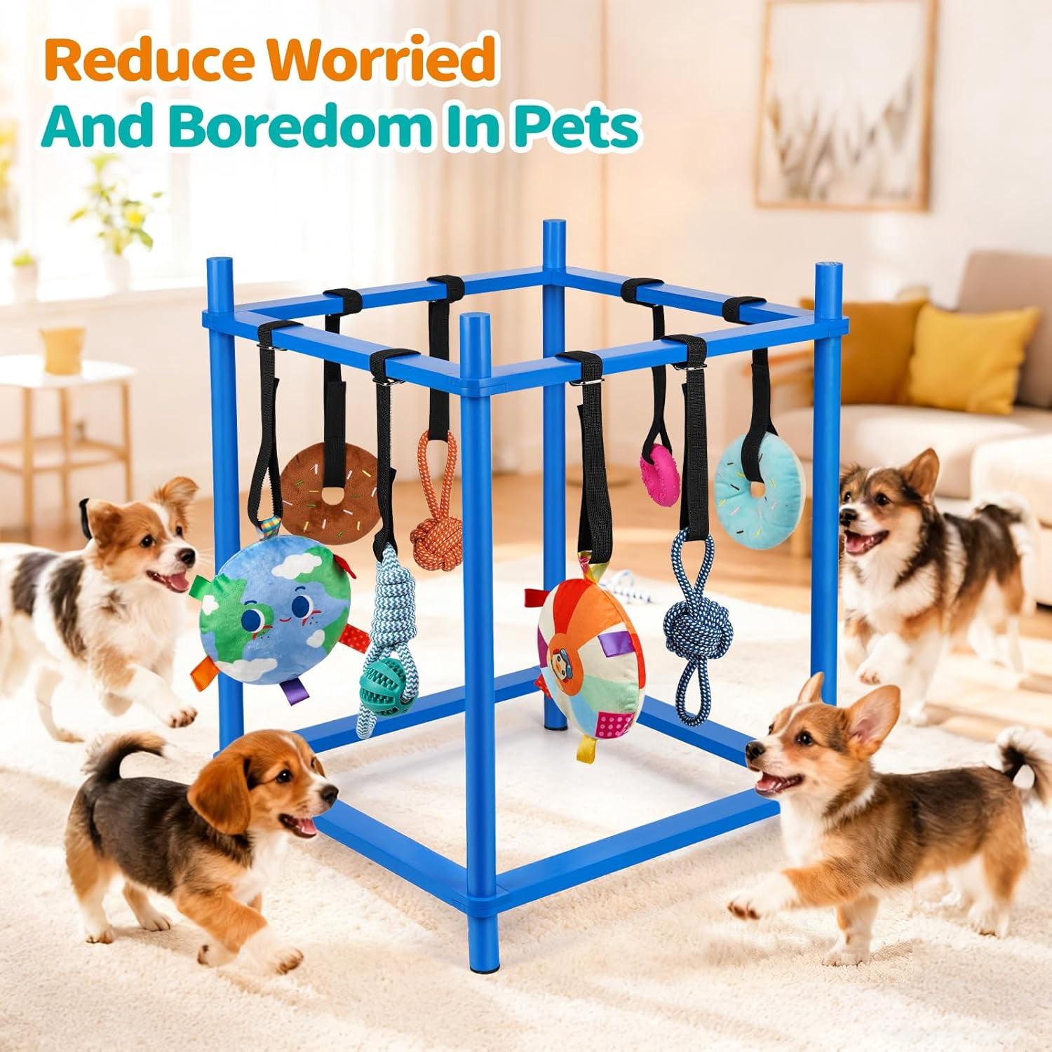 Wooden Puppy Play Gym for Small Dogs, Puppy Jungle Gym with 8 Hanging Toys, Wood Frame Indoor Puppy Gym with Dog Enrichment Toys for Puppies and Small Pets