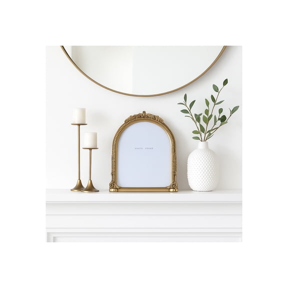 Decorative Ornate Arched Picture Frame for Mantel - Photo Frame for Tabletop, Shelf, or Living Room Decor Accent - Vintage Inspired Frame for Pictures or Artwork Display - 12", Gold & Metallic