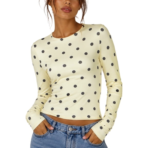 VOUZZA Womens Slim Fit Polka Dot Printed Long Sleeve Crewneck T-Shirt Basic Undershirt Tops