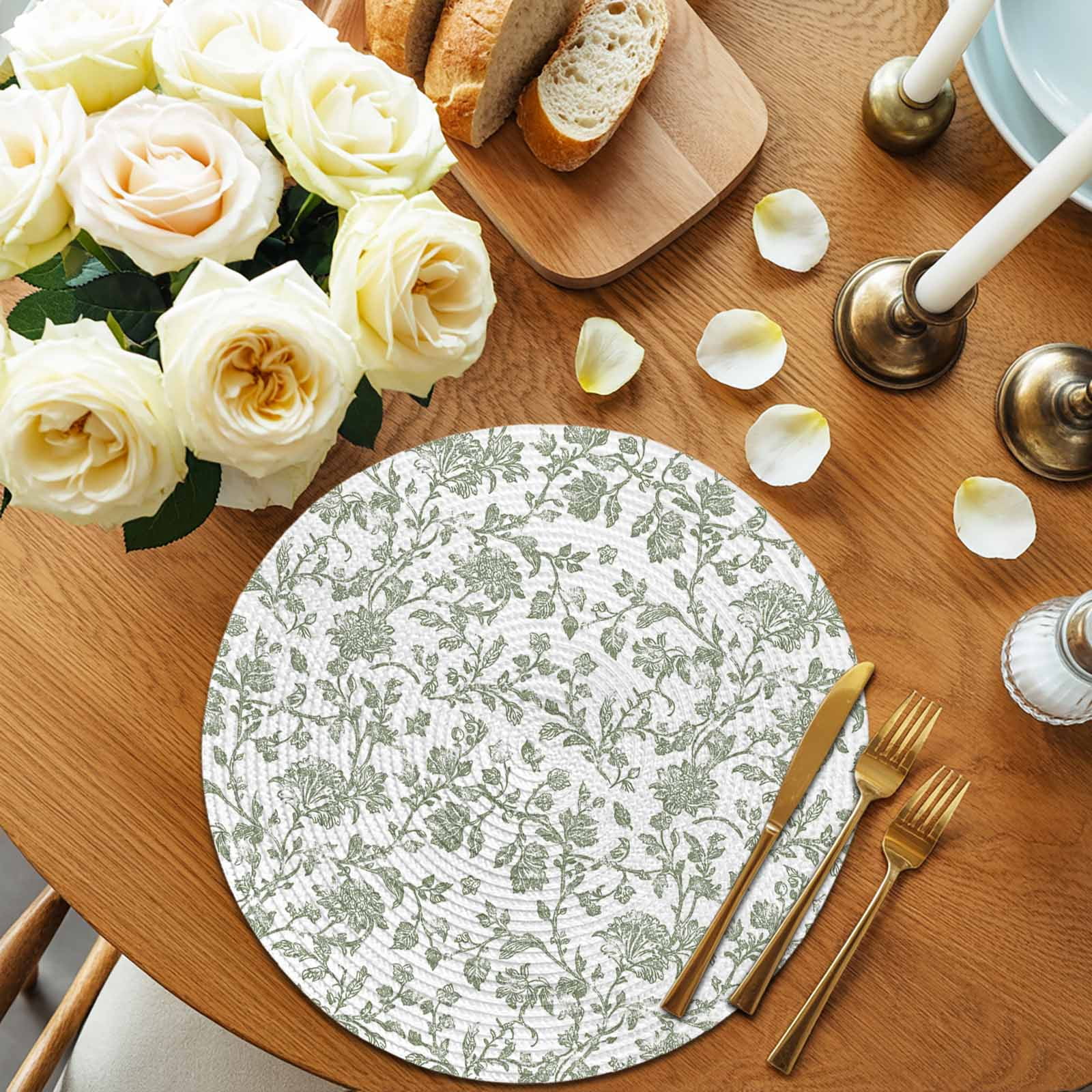 Sage Green Flower Round 13 Inch Placemats Set of 6, Vintage Farmhouse Boho Leaf Spring HeatResistant Non Slip Place Mats for Dining Table, Wipeable Braided Kitchen Table Mats for Housewarming