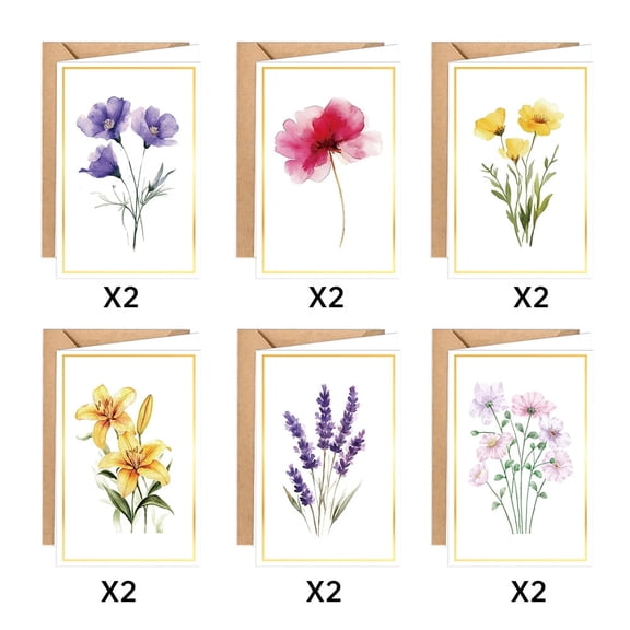 Blank Cards with Envelopes, 12 Pack Blank Greeting Cards 4x6 – Elegant Gold Foil Blank Note Cards with 6 Assorted Floral Designs – Perfect Stationery Set for All Occasions
