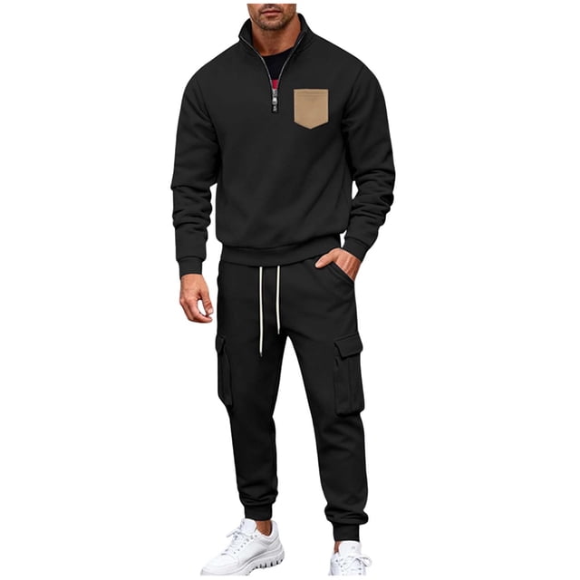 Ensemble pour Homme à Manches Longues, Demi-Cardigan Uni à Col Montant avec Molleton et Pantalon à Taille à Cordon pour la Mode Décontractée, Long Manteau Homme