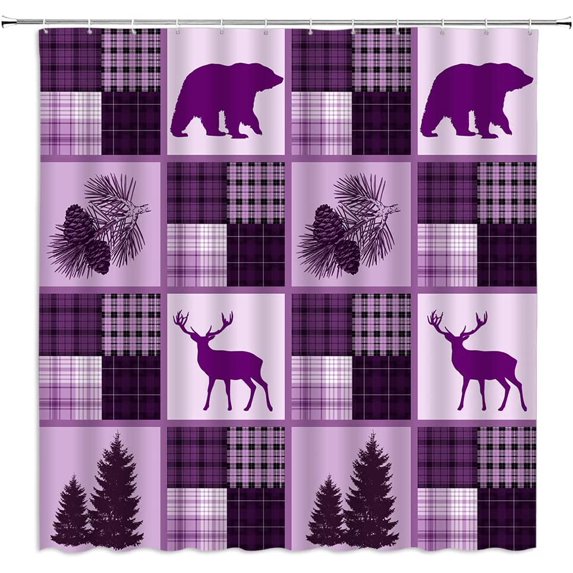 Rustic Bear Shower Curtain Buffalo Check Patchwork Cabin Camping Wildlife Bear Deer Moose Pine Tree Pinecone Farmhouse Vintage Hunting Purple Fabric Home Bathroom Decor Set with Hooks(84"Wx70"H)