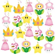 20pc Princess Peach CORNET Hanging Swirls, Pink/Yellow Cartoon Ceiling Streamers for Girl/Mario Party & Baby Shower Decor