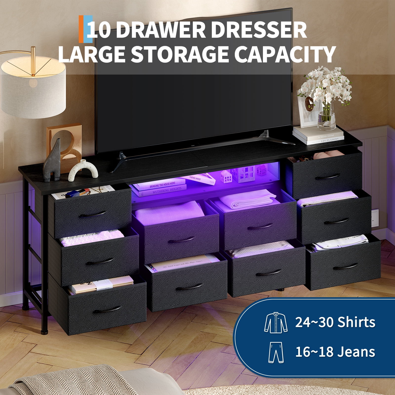 Kicctian 63" Wide Black Dresser with 10 Fabric Drawers Dresser with LED Lights and Power Outlet – Dresser for Bedroom & TV Stand for Living Room,Black