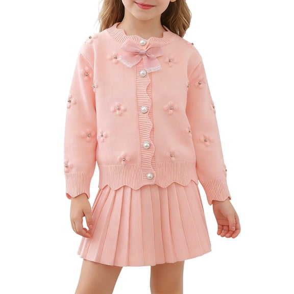 REDARER Girls Cardigan and Skirt Set Bow Detail Sweater Knit Outfit Cute Two Piece for Kids,5-6 Years