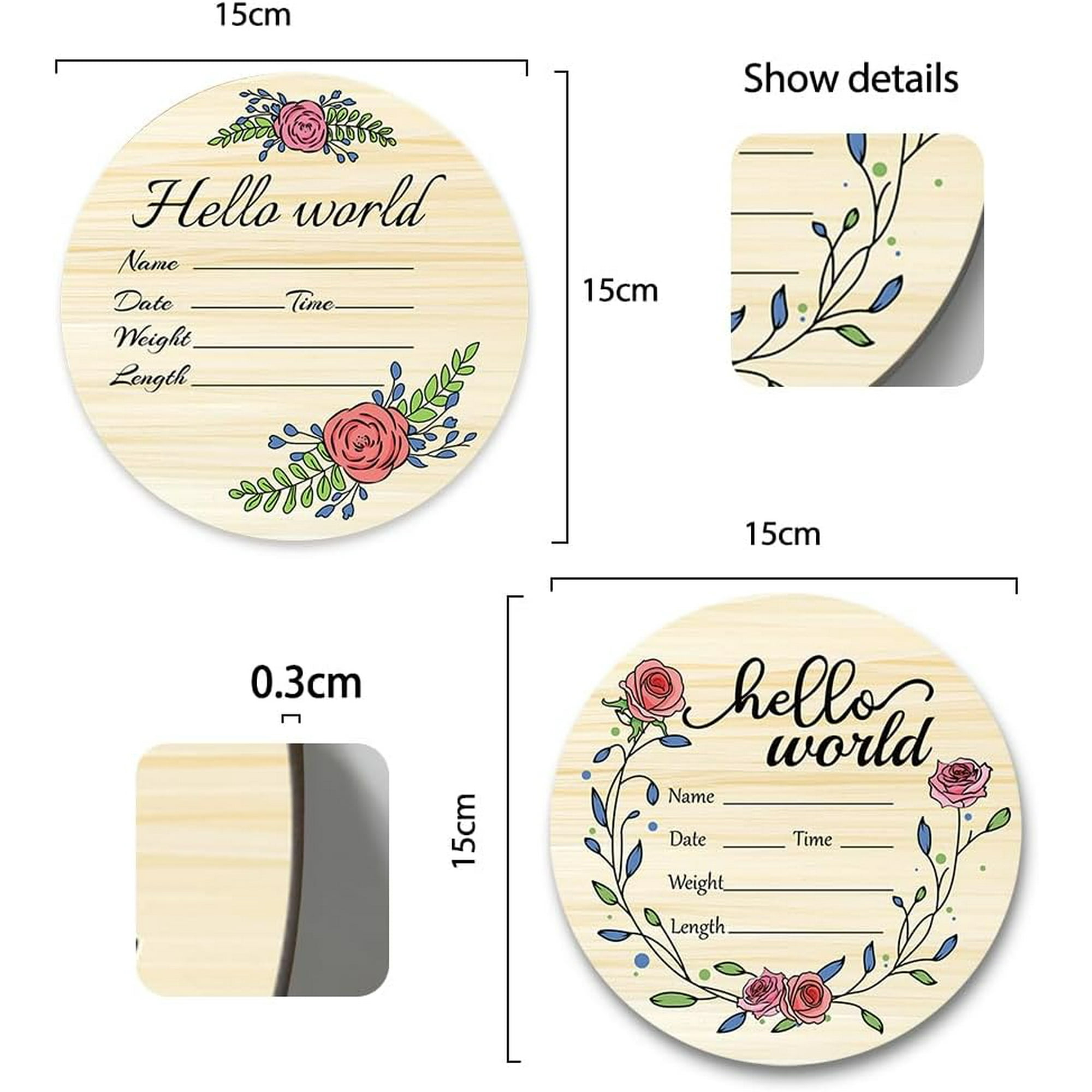 1 set 2PCS Baby Announcement Sign 6" Rose Design Personalized Newborn Name Announcement Sign Gift for New Mom Baby Shower Birth Announcement Sign for Hospital (Single Sided Light Wood Color)