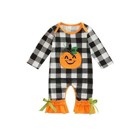 

TheFound Newborn Baby Girl Halloween Outfit Pumpkin Long Sleeve Romper Bodysuit Plaids Jumpsuit Pajamas Clothes