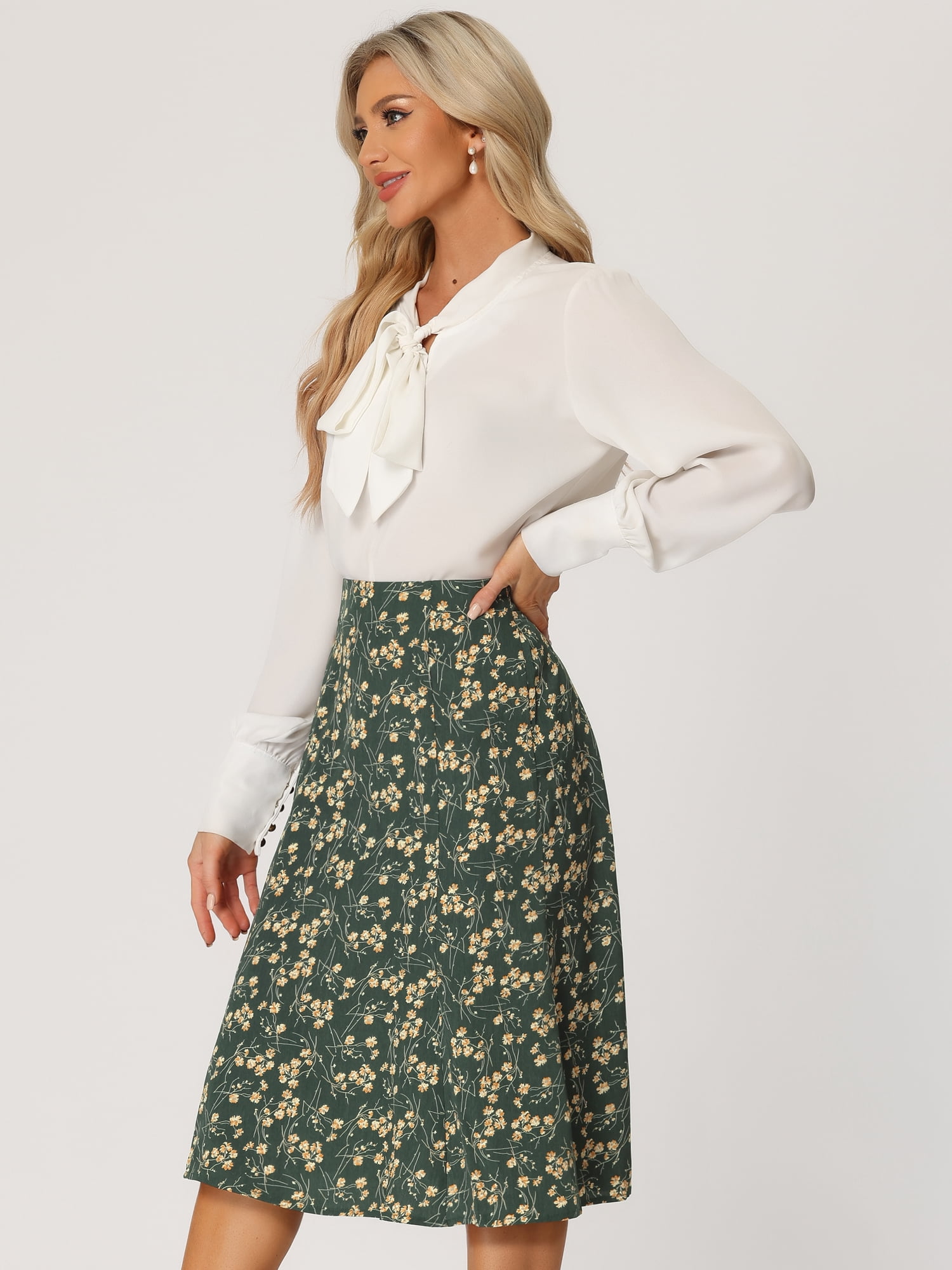 DARING DIVA Women's Elastic Waist A-Line Floral Print Midi Skirt S Dark Green