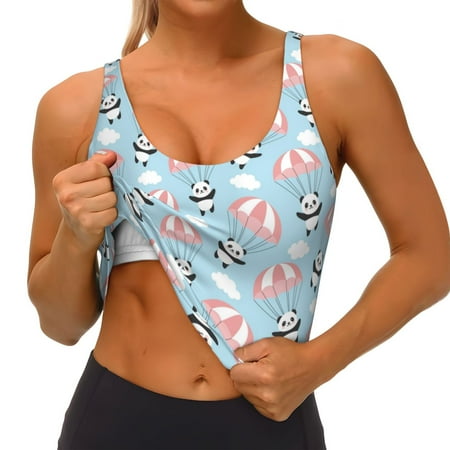 Qokaie Cute Panda Flying in the Sky Pattern Womens Scoop Neck Sports Bra Breathable Workout Vest Padded U Back Medium Impact Fitness Gym Yoga Bra Workout Crop Top