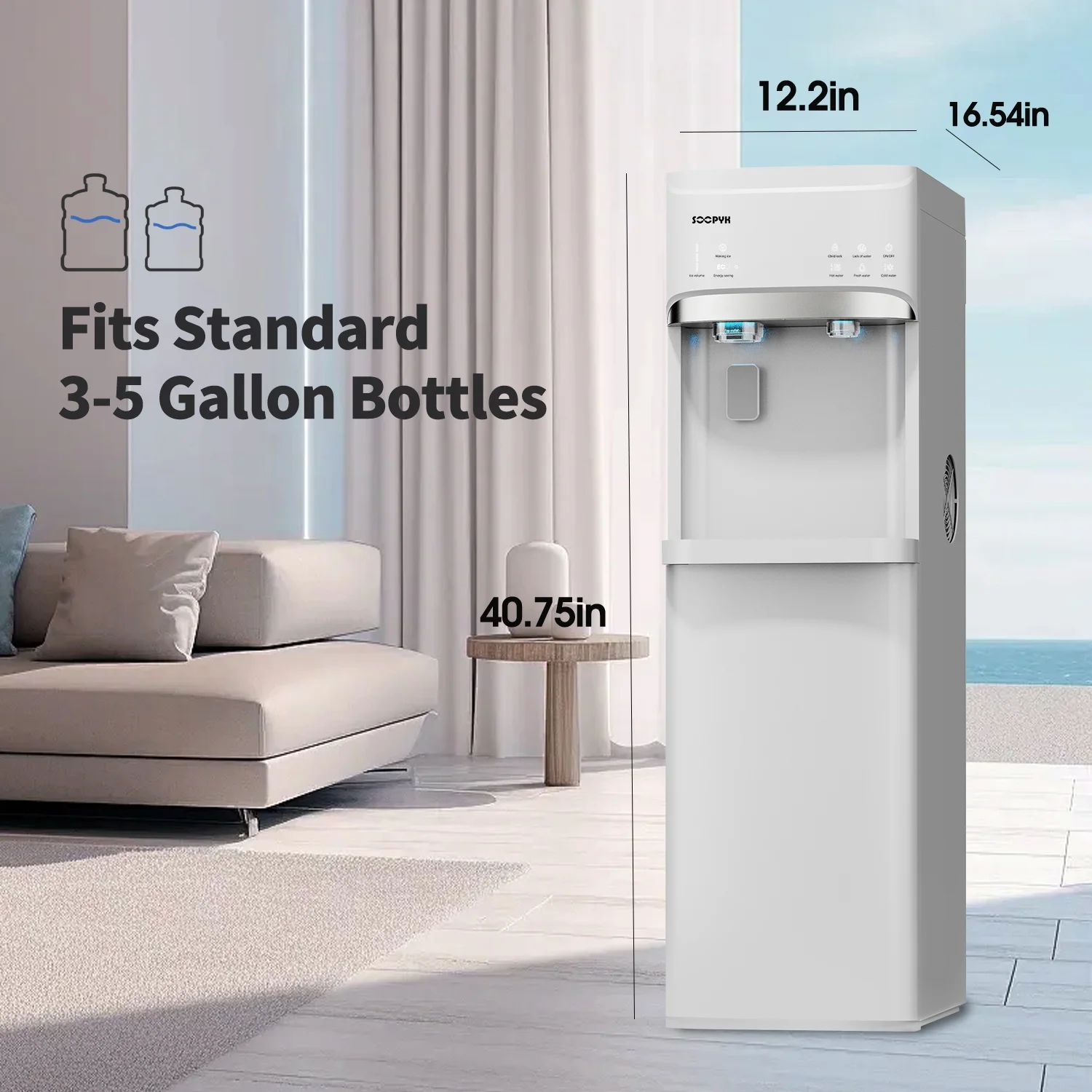 SOOPYK Water Dispenser with Ice Maker Bottom Loader|Fits 5 Gallon Bottles,22lbs Within 24hrs,Water with 3 Temperature,Self-clean & Child Lock,White