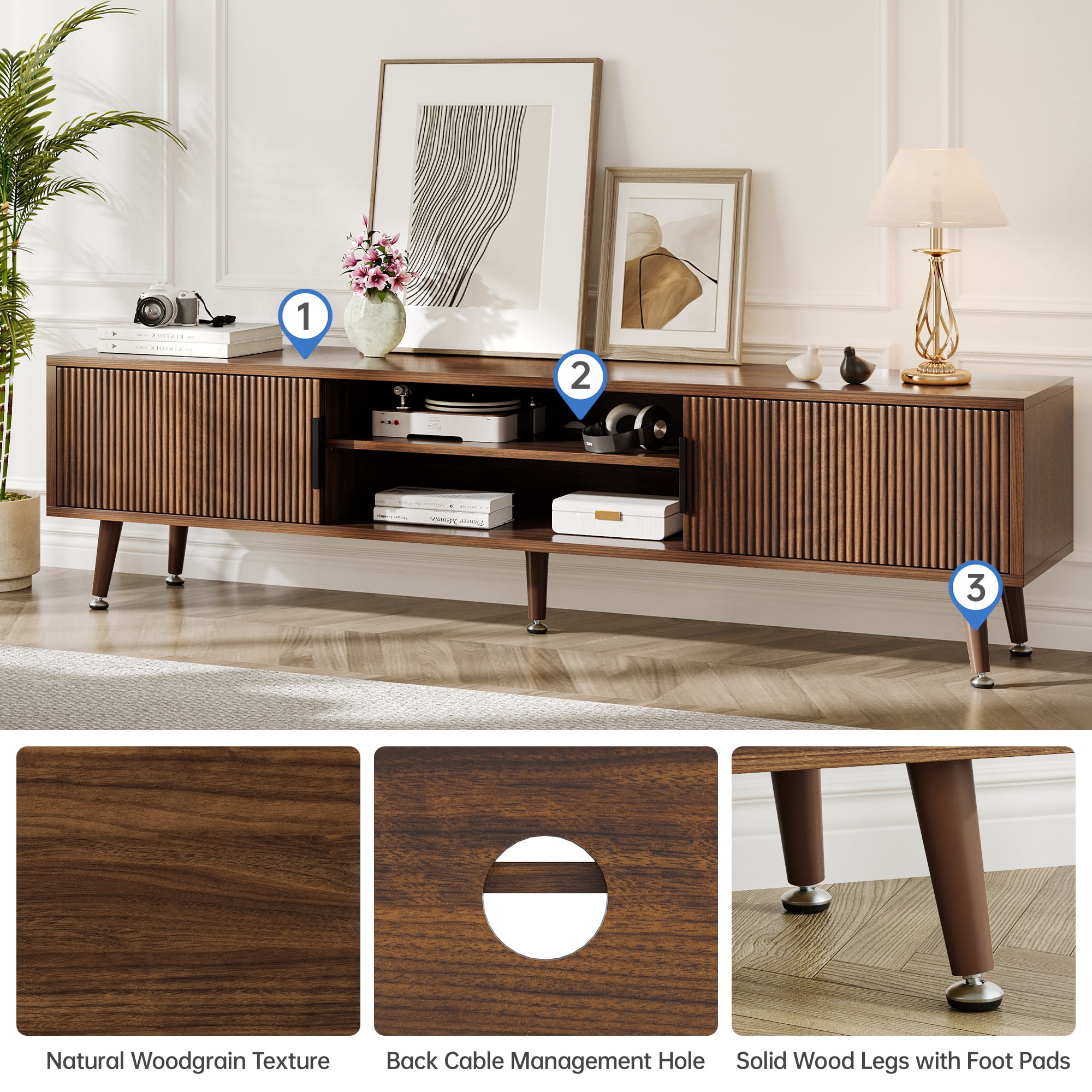 TV Stand for Living Room, Mid Century Modern Entertainment Center for 55/60/65/70 inch TVs, TV Console with Fluted Door Cabinets and Open Shelves, for Bedroom, Living Room, Walnut